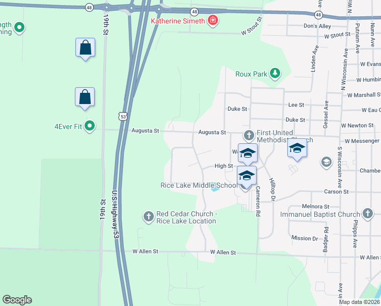 map of restaurants, bars, coffee shops, grocery stores, and more near 102 Royal Crest Drive in Rice Lake