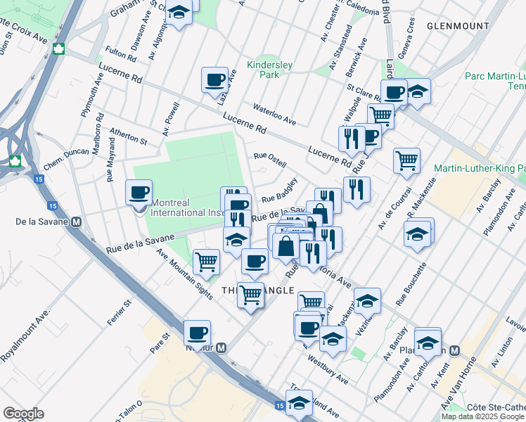 map of restaurants, bars, coffee shops, grocery stores, and more near 4291 Rue de la Savane in Montréal