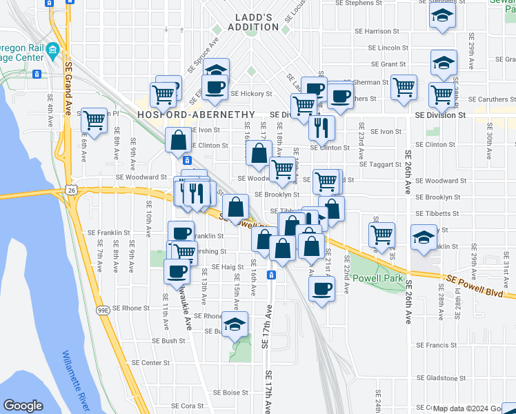 map of restaurants, bars, coffee shops, grocery stores, and more near 3035 Southeast 17th Avenue in Portland