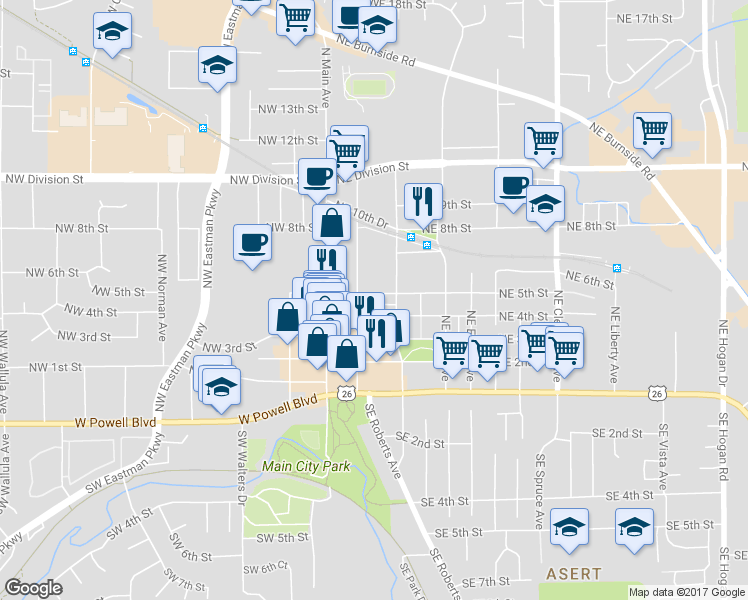 map of restaurants, bars, coffee shops, grocery stores, and more near 210 Northeast 5th Street in Gresham