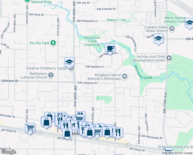 map of restaurants, bars, coffee shops, grocery stores, and more near 18151 Southwest Niks Drive in Aloha