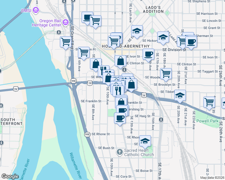 map of restaurants, bars, coffee shops, grocery stores, and more near 3019-3025 SE 11th Ave in Portland