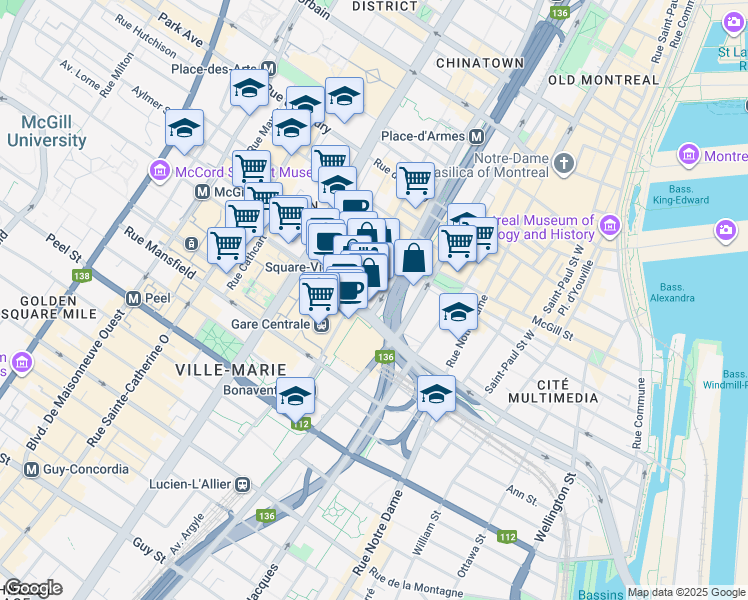 map of restaurants, bars, coffee shops, grocery stores, and more near 741 Avenue Viger Ouest in Montréal