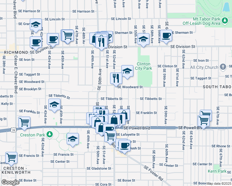 map of restaurants, bars, coffee shops, grocery stores, and more near 3006 Southeast 52nd Avenue in Portland