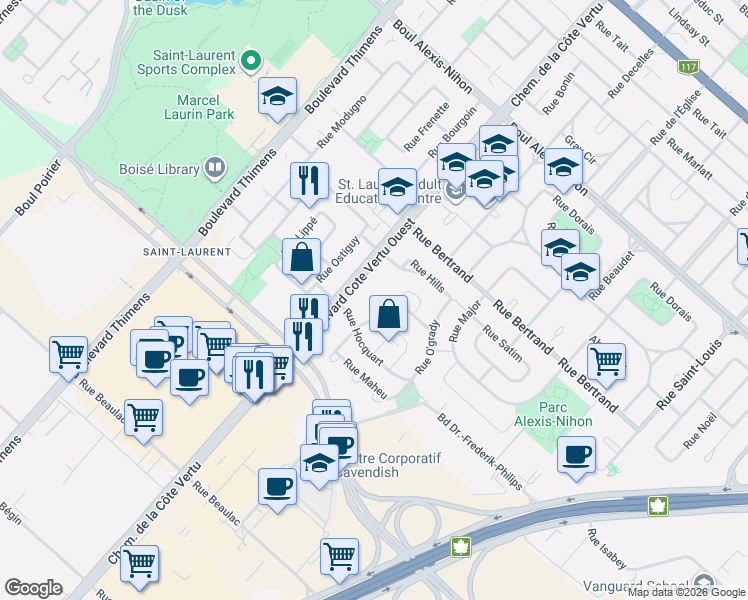 map of restaurants, bars, coffee shops, grocery stores, and more near 987 Rue White in Montrã©Al