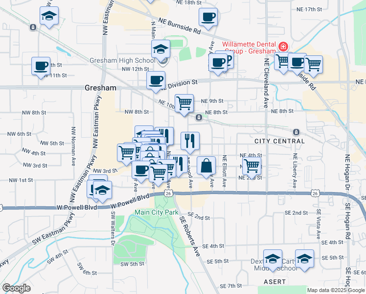 map of restaurants, bars, coffee shops, grocery stores, and more near 260 Northeast 5th Street in Gresham