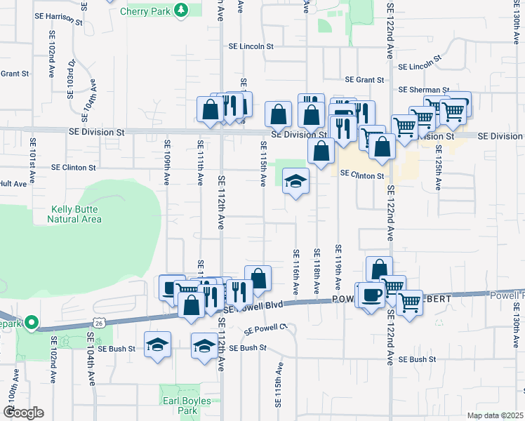 map of restaurants, bars, coffee shops, grocery stores, and more near 2933 Southeast 115th Avenue in Portland