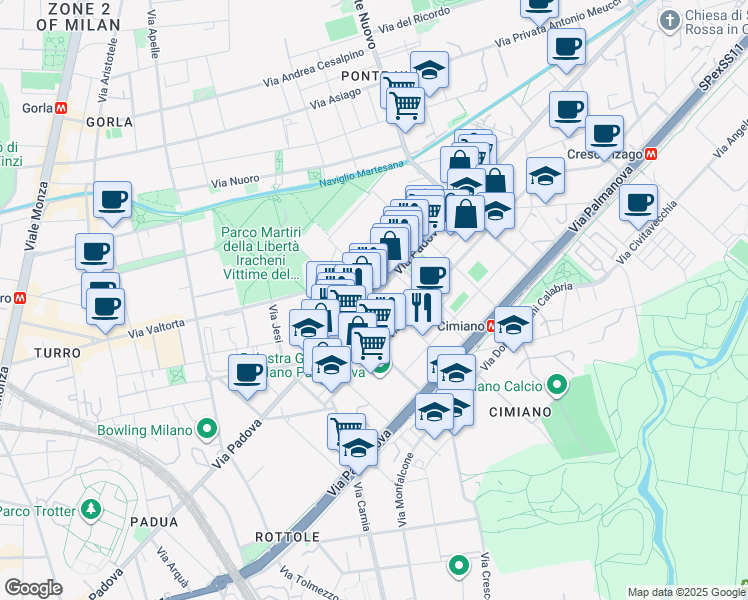 map of restaurants, bars, coffee shops, grocery stores, and more near 180 Via Padova in Milano