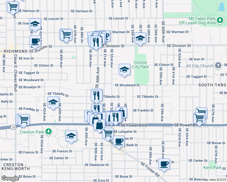 map of restaurants, bars, coffee shops, grocery stores, and more near 3006 Southeast 52nd Avenue in Portland