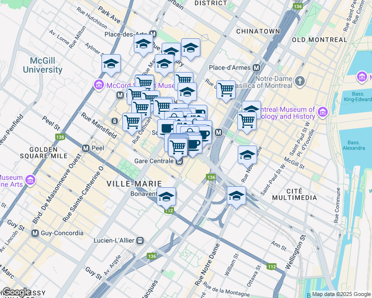 map of restaurants, bars, coffee shops, grocery stores, and more near in Montreal