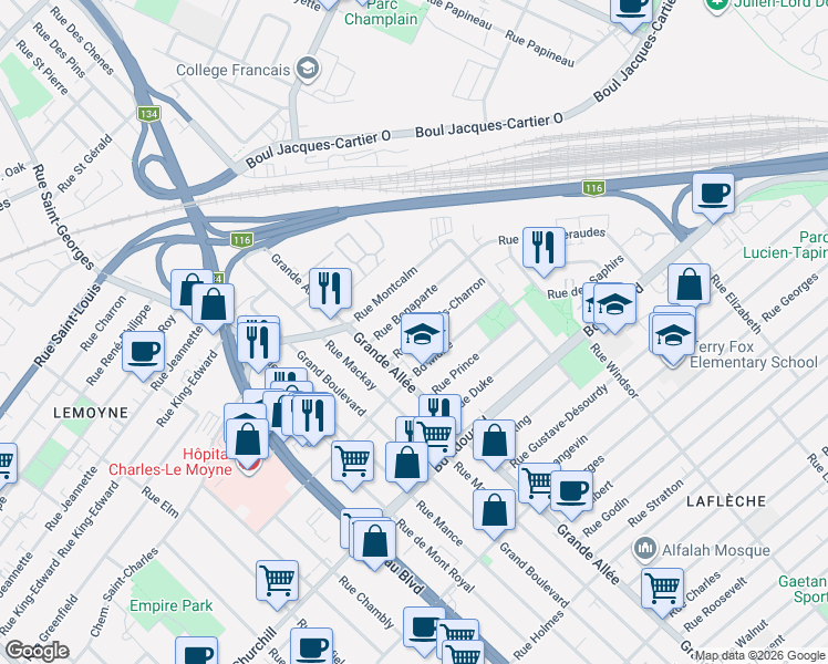map of restaurants, bars, coffee shops, grocery stores, and more near 1917 Rue François-Charron in Longueuil