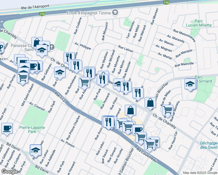 map of restaurants, bars, coffee shops, grocery stores, and more near 5700 Chemin de Chambly in Longueuil