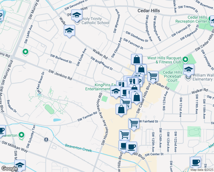 map of restaurants, bars, coffee shops, grocery stores, and more near 13190 Southwest Oakwood Street in Beaverton