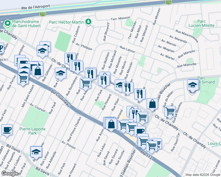 map of restaurants, bars, coffee shops, grocery stores, and more near 5700 Chemin de Chambly in Longueuil