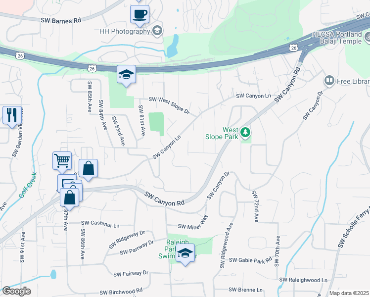 map of restaurants, bars, coffee shops, grocery stores, and more near 7720 Southwest Memory Lane in Portland