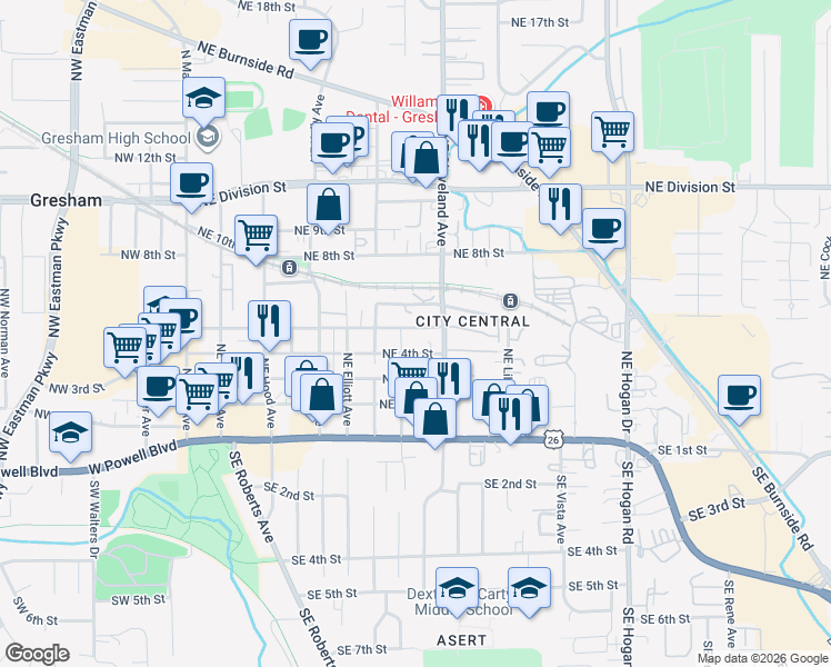 map of restaurants, bars, coffee shops, grocery stores, and more near 807 Northeast 5th Street in Gresham