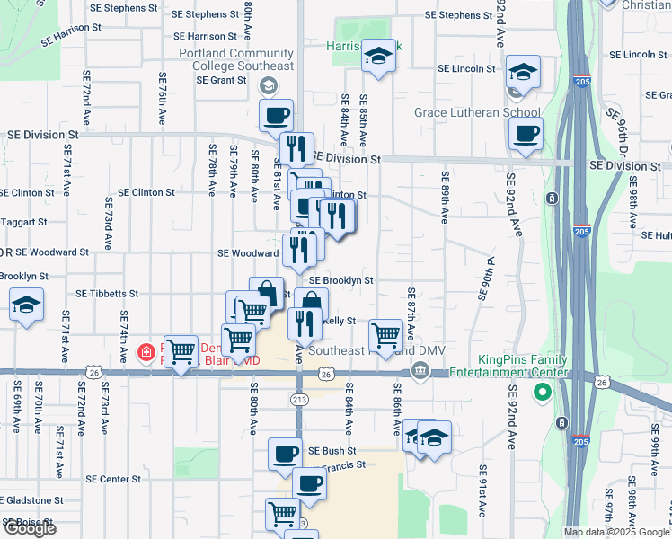 map of restaurants, bars, coffee shops, grocery stores, and more near 8329 Southeast Brooklyn Street in Portland