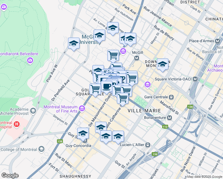 map of restaurants, bars, coffee shops, grocery stores, and more near in Montreal