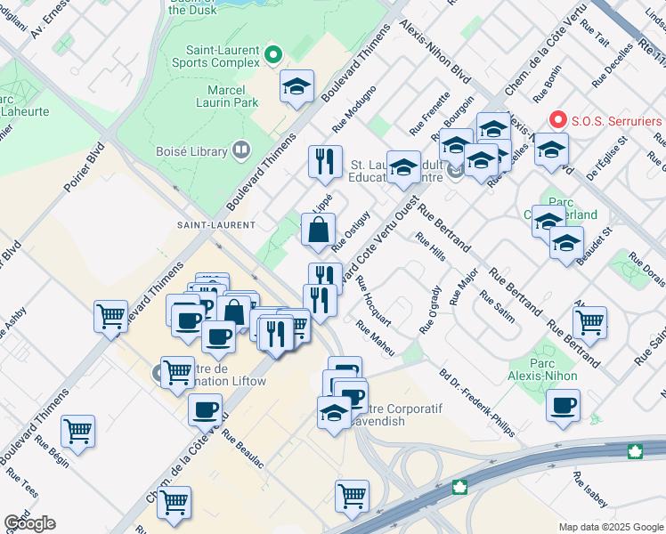 map of restaurants, bars, coffee shops, grocery stores, and more near 2839 Boulevard de la Côte-Vertu in Montréal