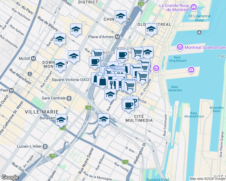 map of restaurants, bars, coffee shops, grocery stores, and more near 628 Rue Saint-Jacques in Montréal