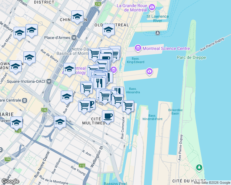 map of restaurants, bars, coffee shops, grocery stores, and more near 305 De la Commune Street West in Montreal