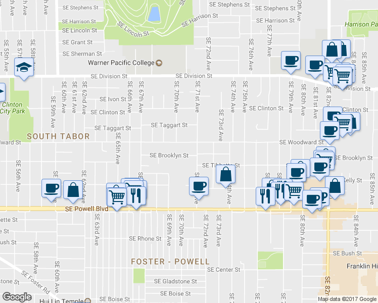 map of restaurants, bars, coffee shops, grocery stores, and more near 7055 Southeast Brooklyn Street in Portland