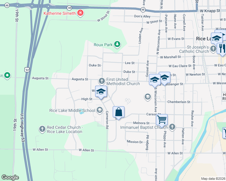 map of restaurants, bars, coffee shops, grocery stores, and more near 29 Hilltop Drive in Rice Lake