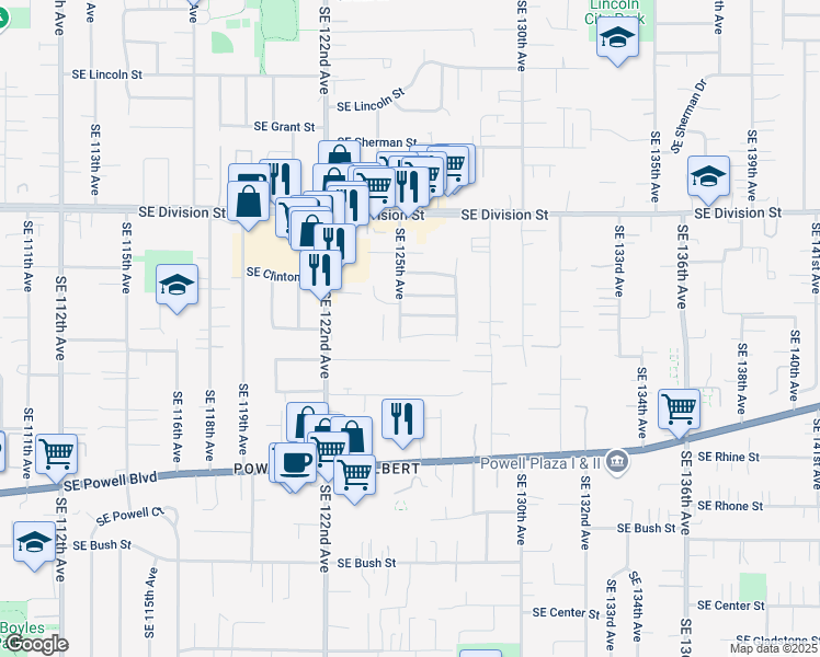 map of restaurants, bars, coffee shops, grocery stores, and more near 2912 Southeast 125th Avenue in Portland