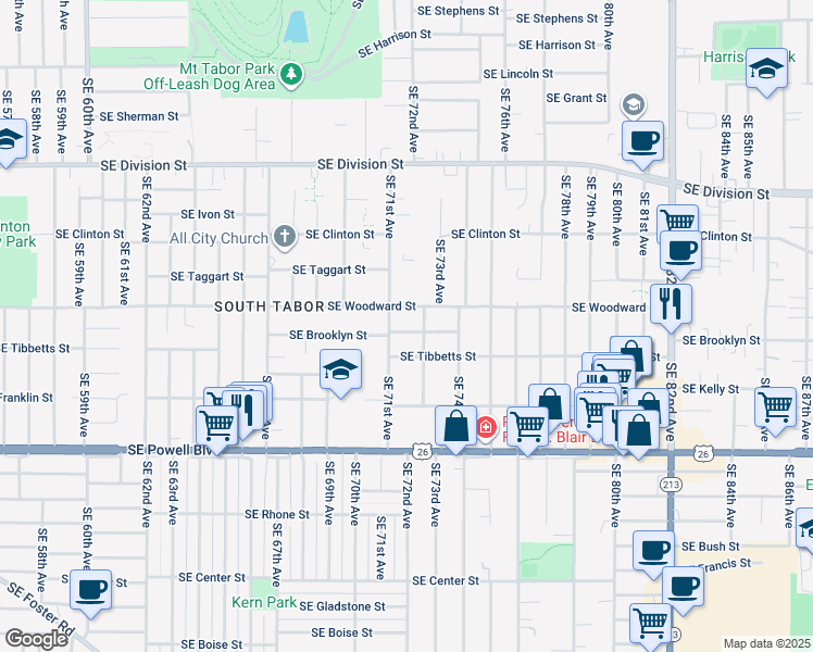 map of restaurants, bars, coffee shops, grocery stores, and more near 7123 Southeast Brooklyn Street in Portland