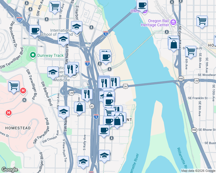 map of restaurants, bars, coffee shops, grocery stores, and more near 2221 Southwest 1st Avenue in Portland