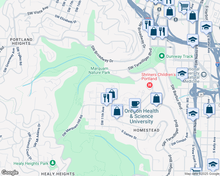 map of restaurants, bars, coffee shops, grocery stores, and more near 3030 Southwest 10th Avenue in Portland