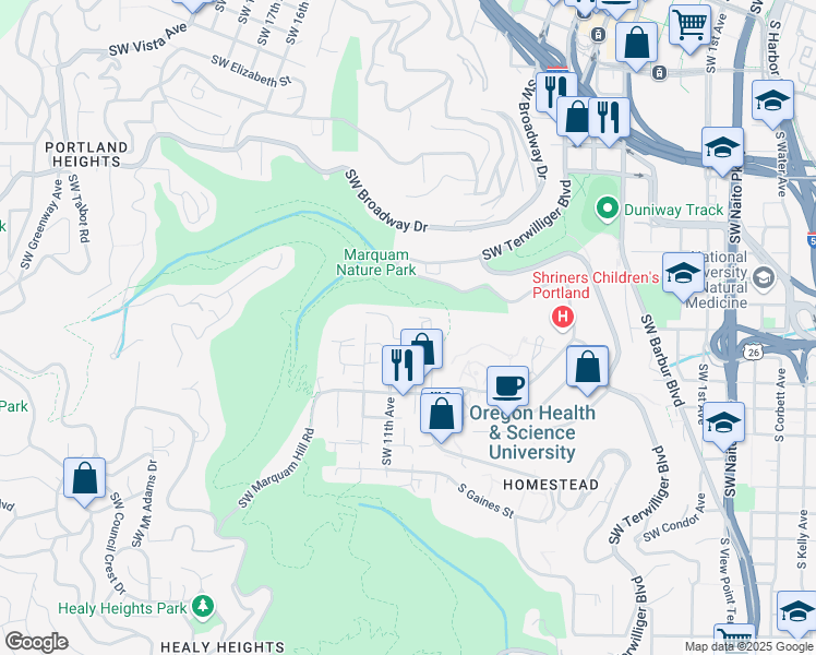 map of restaurants, bars, coffee shops, grocery stores, and more near 3015 Southwest 11th Avenue in Portland