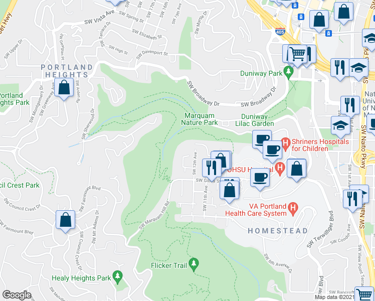 map of restaurants, bars, coffee shops, grocery stores, and more near 3015 Southwest 12th Avenue in Portland