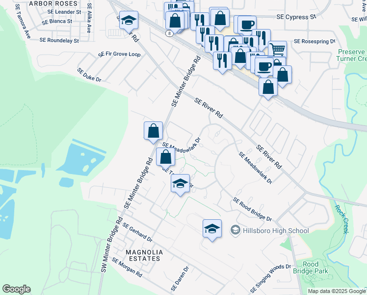 map of restaurants, bars, coffee shops, grocery stores, and more near 2040 Southeast Quail Circle in Hillsboro