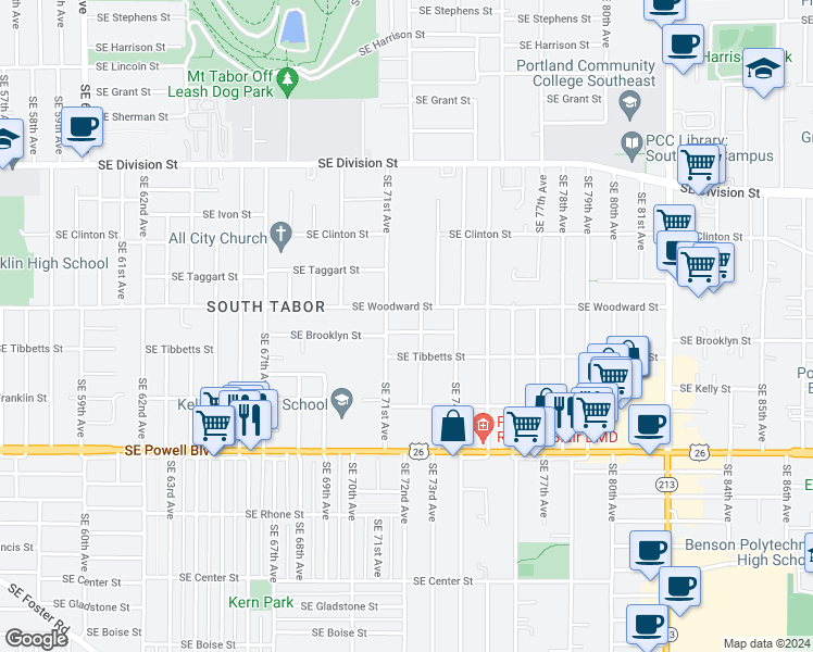 map of restaurants, bars, coffee shops, grocery stores, and more near 7123 Southeast Brooklyn Street in Portland