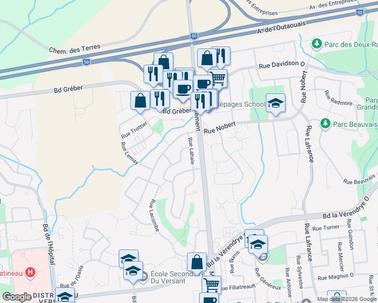 map of restaurants, bars, coffee shops, grocery stores, and more near 681 Rue Lahaie in Gatineau