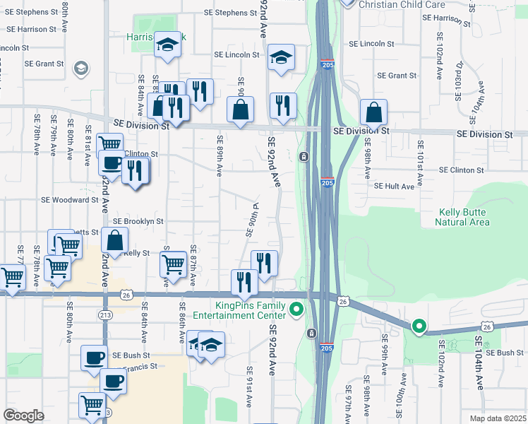 map of restaurants, bars, coffee shops, grocery stores, and more near 2906 Southeast 90th Place in Portland