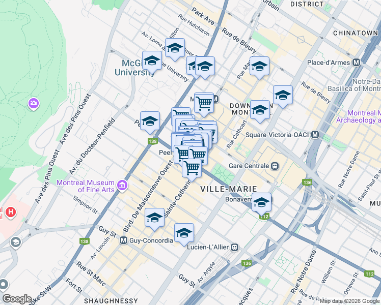 map of restaurants, bars, coffee shops, grocery stores, and more near in Montreal
