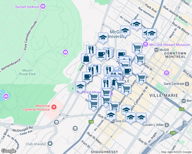 map of restaurants, bars, coffee shops, grocery stores, and more near 3510 Rue de la Montagne in Montréal