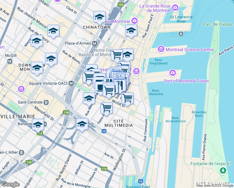 map of restaurants, bars, coffee shops, grocery stores, and more near in Montreal