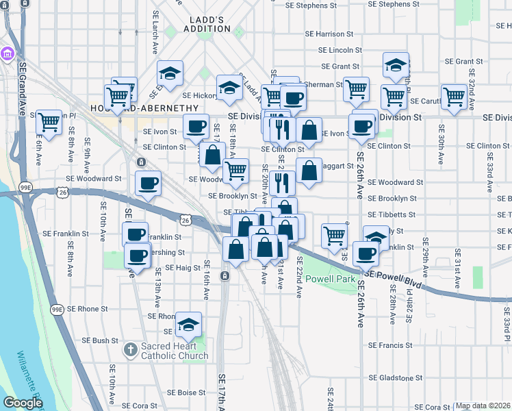 map of restaurants, bars, coffee shops, grocery stores, and more near 3099 Southeast 20th Avenue in Portland
