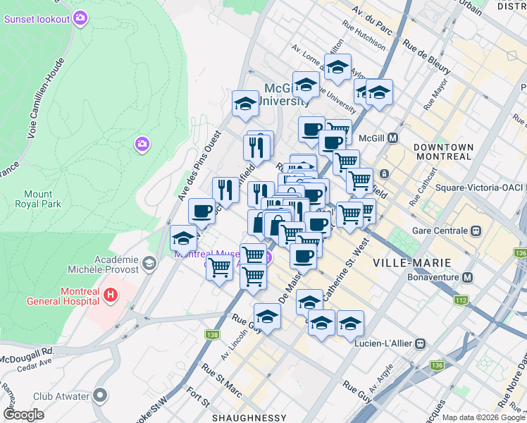 map of restaurants, bars, coffee shops, grocery stores, and more near 3450 A Rue Drummond in Montréal