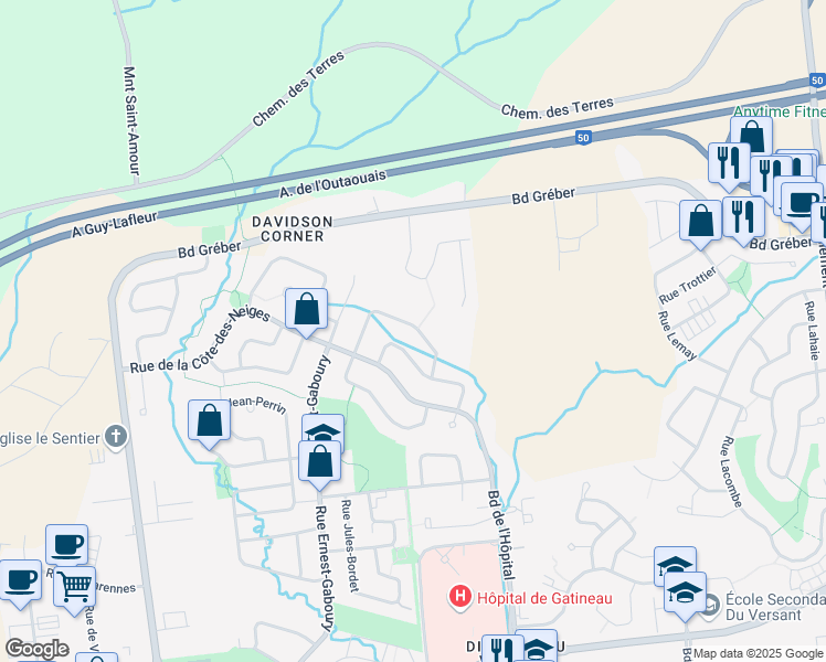 map of restaurants, bars, coffee shops, grocery stores, and more near 175 Rue de la Châtelaine in Gatineau
