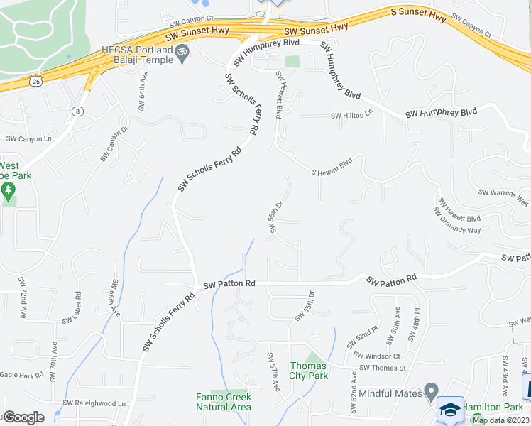 map of restaurants, bars, coffee shops, grocery stores, and more near 3061 Southwest 55th Drive in Portland