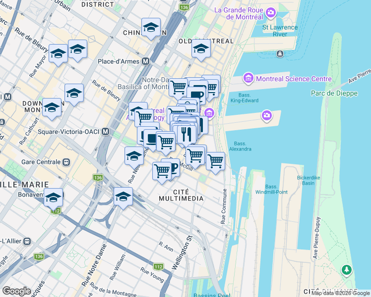 map of restaurants, bars, coffee shops, grocery stores, and more near 357 Place d'Youville in Montrã©Al