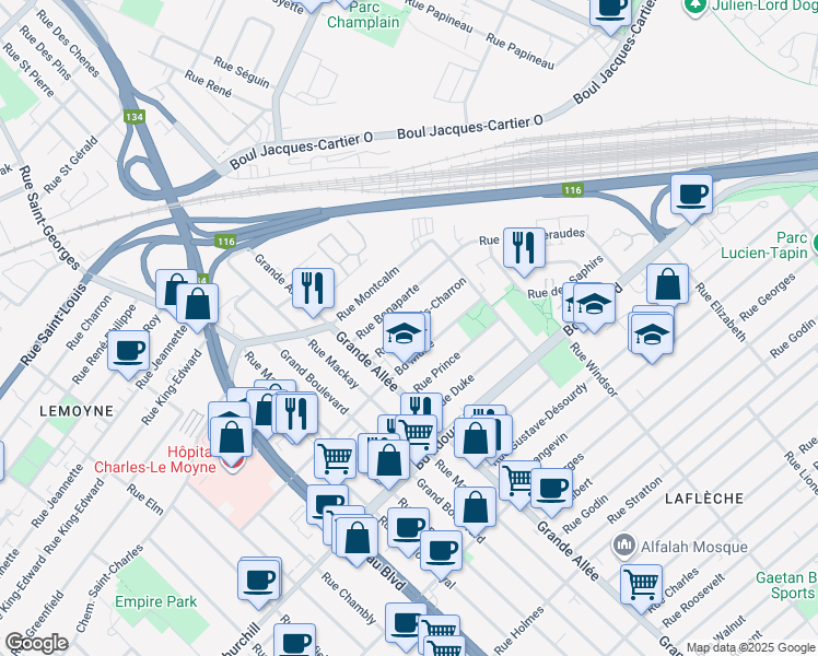 map of restaurants, bars, coffee shops, grocery stores, and more near 1890 Rue François Charron in Longueuil