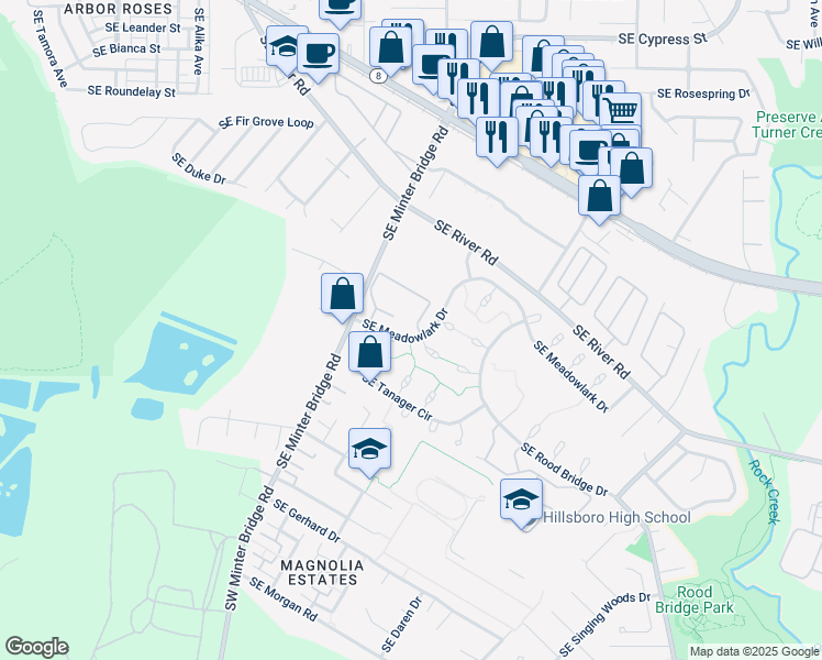 map of restaurants, bars, coffee shops, grocery stores, and more near 2040 Southeast Quail Circle in Hillsboro