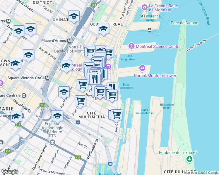 map of restaurants, bars, coffee shops, grocery stores, and more near 305 Rue de la Commune Ouest in Montréal