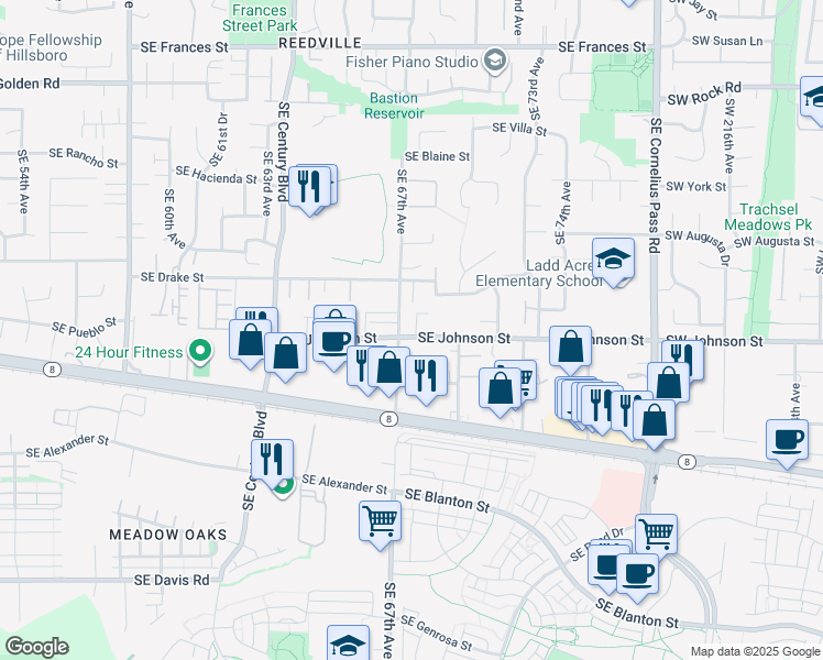map of restaurants, bars, coffee shops, grocery stores, and more near 6713 Southeast Johnson Street in Hillsboro