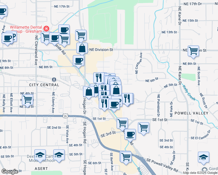 map of restaurants, bars, coffee shops, grocery stores, and more near 2059 Northeast 5th Street in Gresham